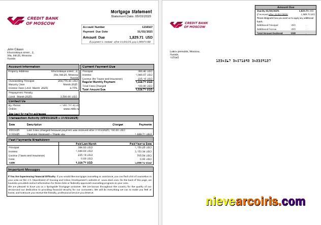 Russia Credit bank of Moscow mortgage statement